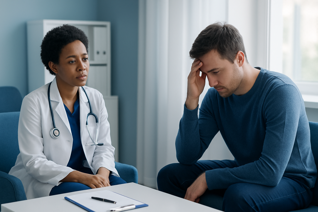 Doctor consulting with a male patient in a medical office.
