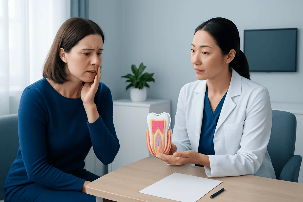 Dentist explaining tooth anatomy to a patient in a clinic setting.