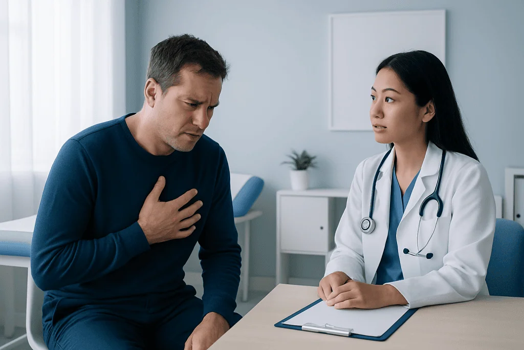 Doctor examines patient with chest discomfort in a clinical setting.