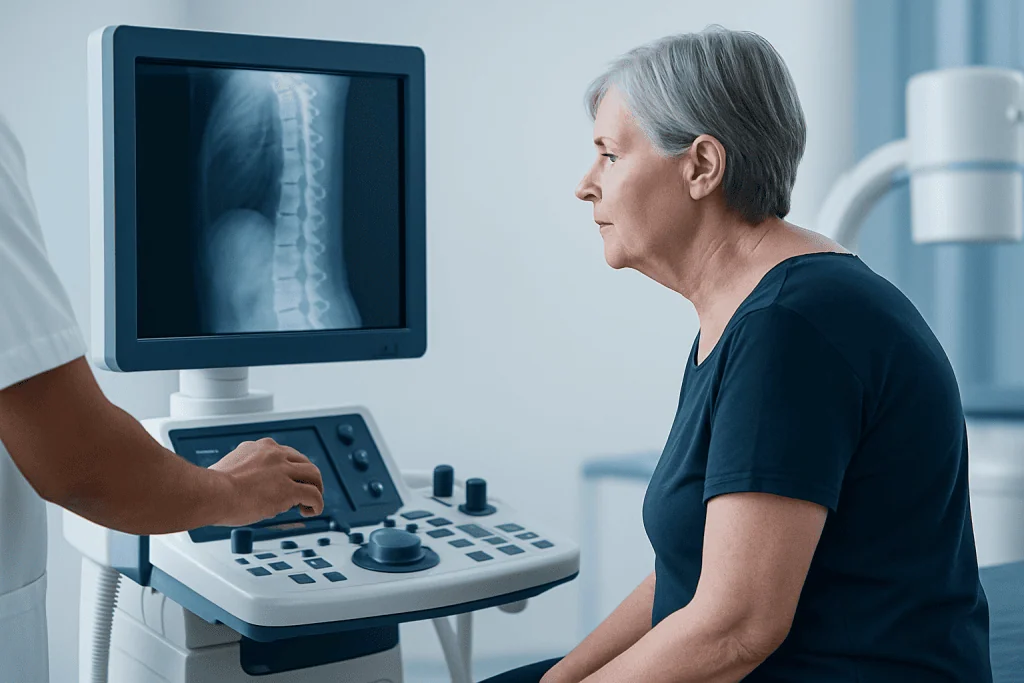 Elderly woman undergoing spinal X-ray for kyphosis assessment at Acibadem Hospital.