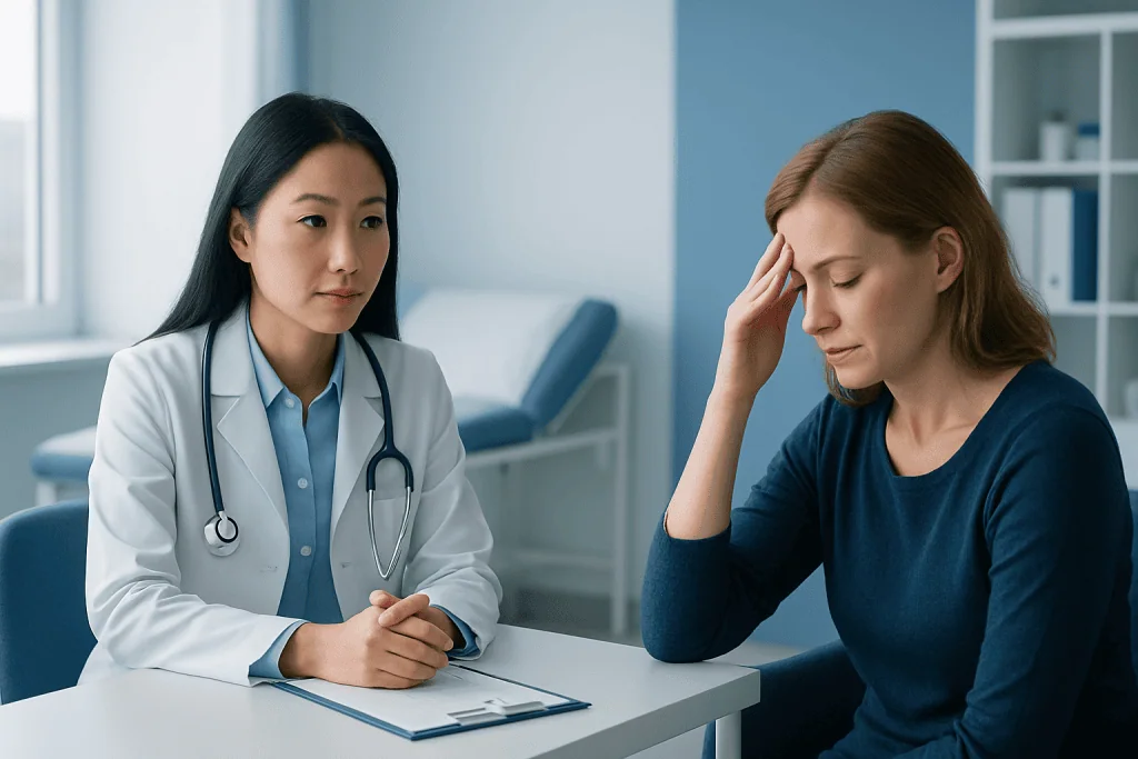 Doctor consulting with a patient experiencing headache or stress.