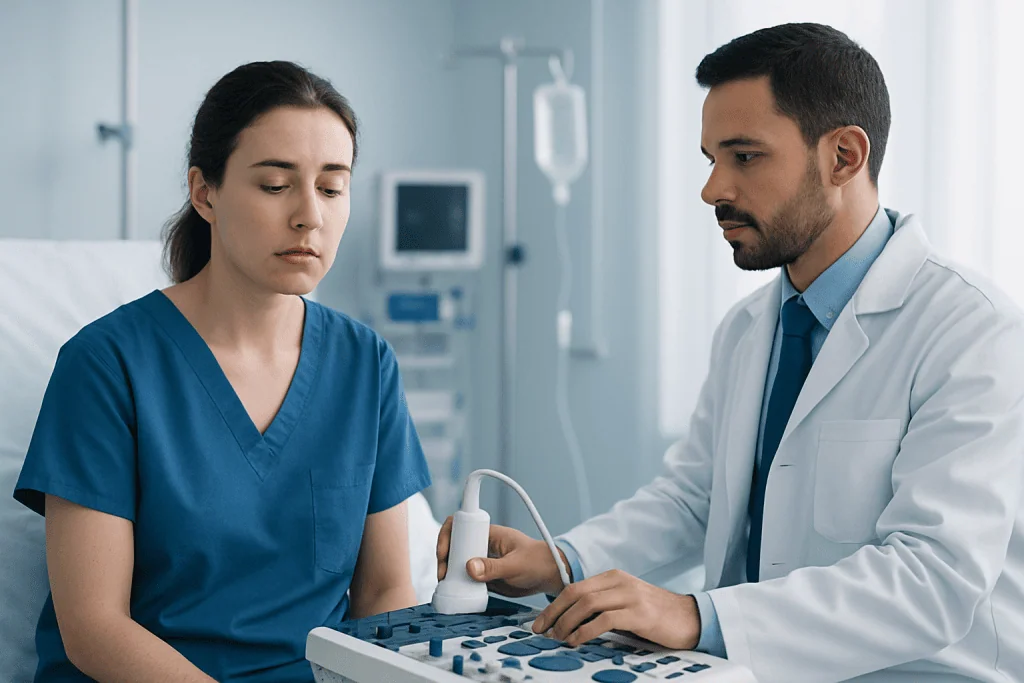 Doctor performing ultrasound examination on a female patient in hospital.