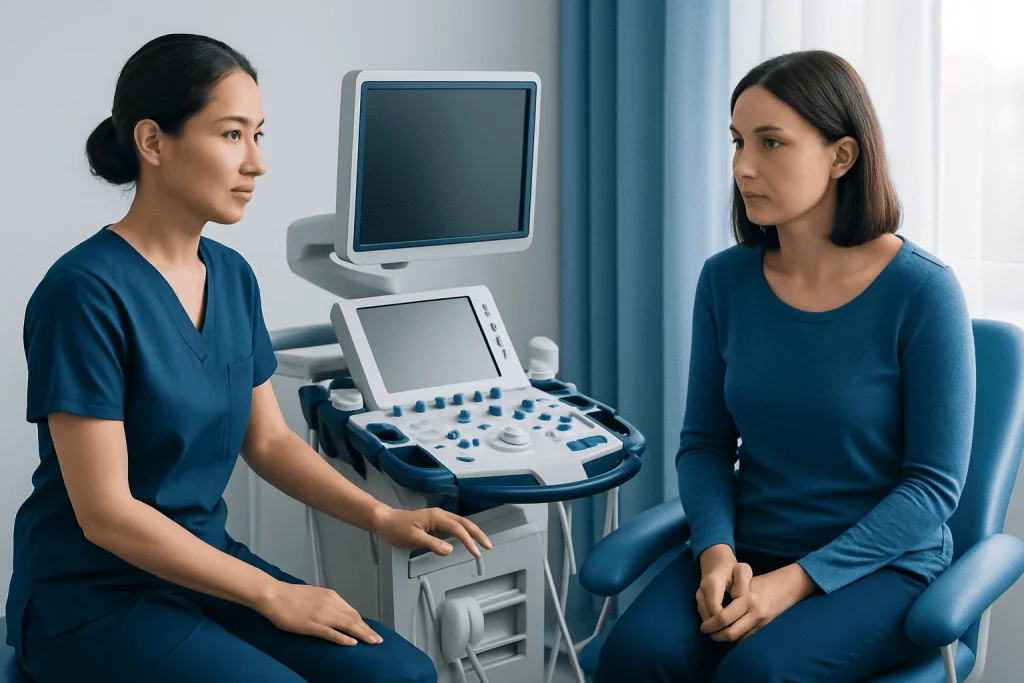 Medical consultation with ultrasound examination at Acibadem Hospital.