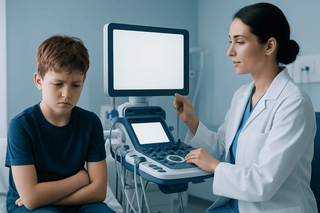 Doctor performing an ultrasound on a young boy in a medical clinic.
