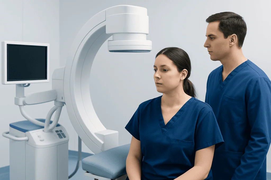 Medical professionals preparing for a diagnostic imaging procedure in a hospital.