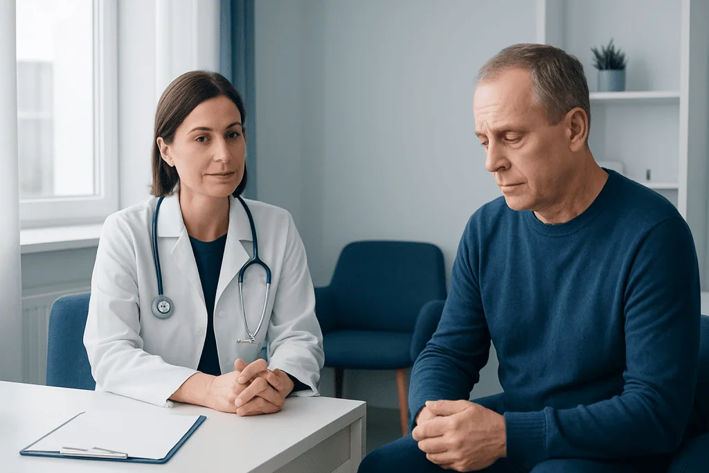 Doctor consulting with a male patient in a medical office setting.