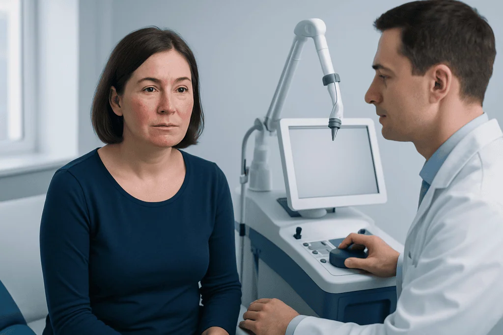 Doctor examining a woman with medical equipment in a clinical setting.