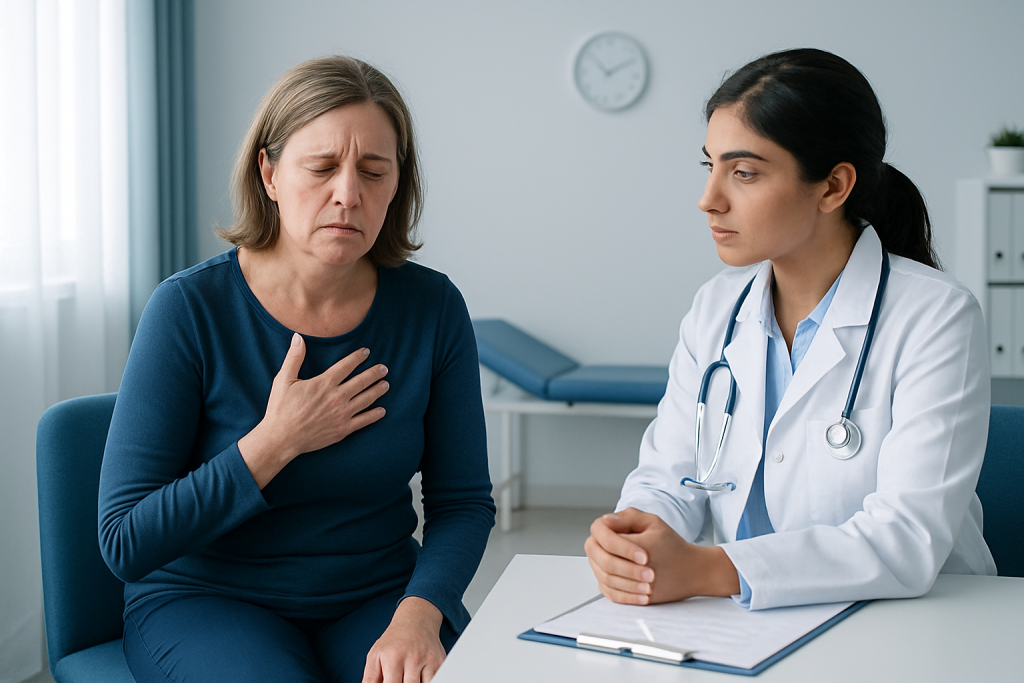 Doctor examining a woman with chest pain in a medical consultation room.