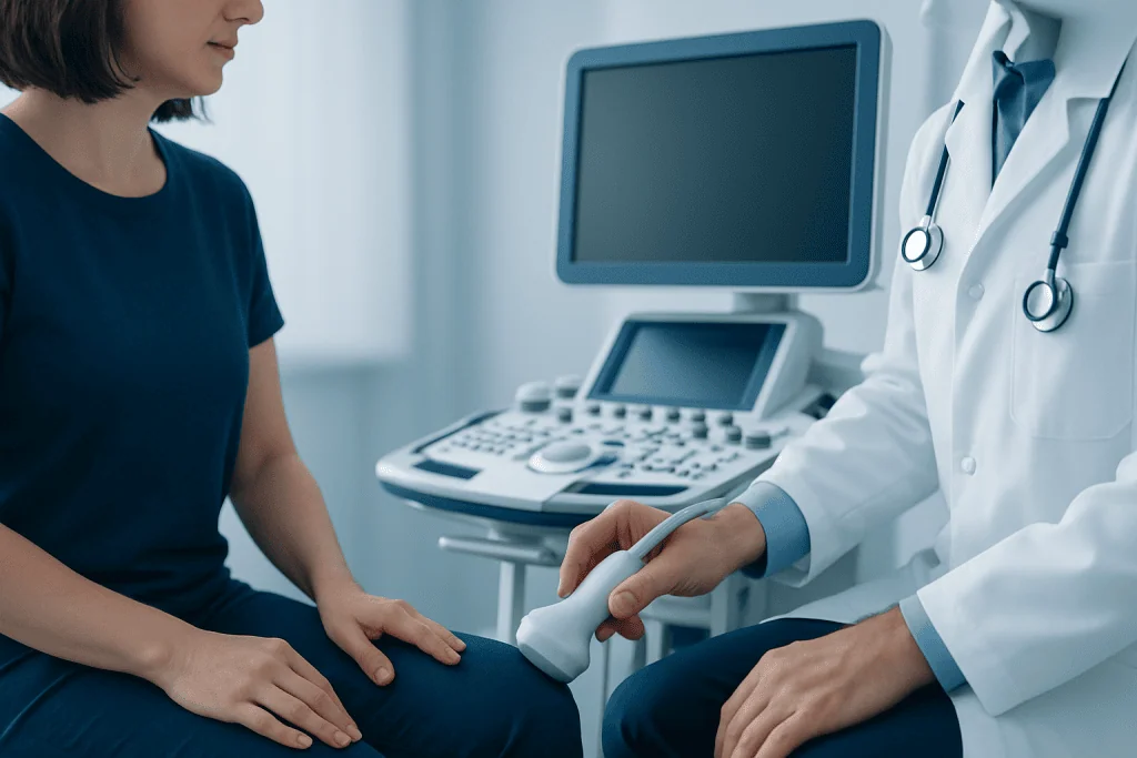 Doctor performing an ultrasound examination on a patient's knee.
