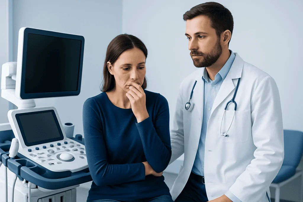 Doctor consulting with a woman patient in a medical examination room.