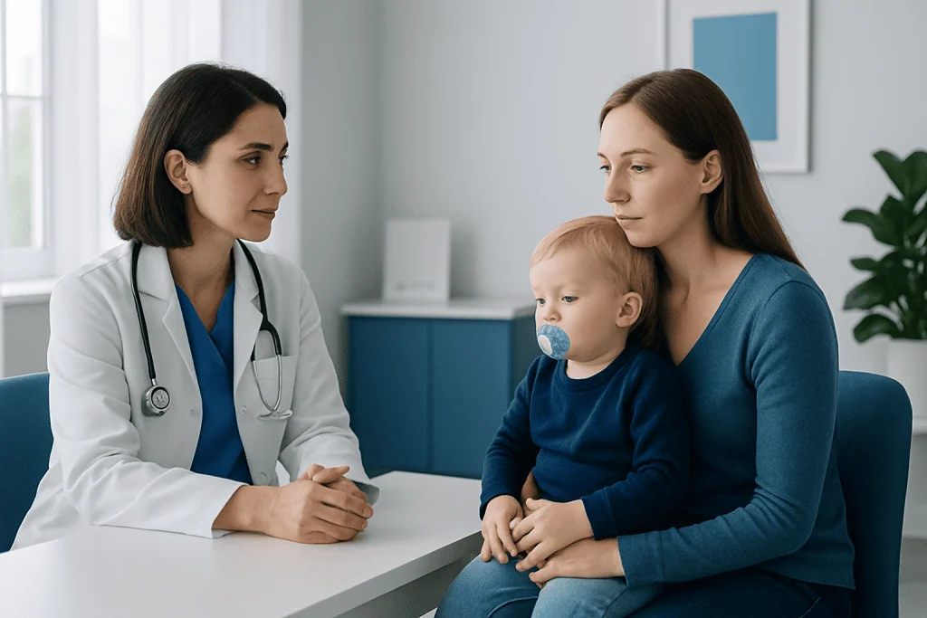 Pediatric consultation at Acibadem Hospital with doctor and mother with child.