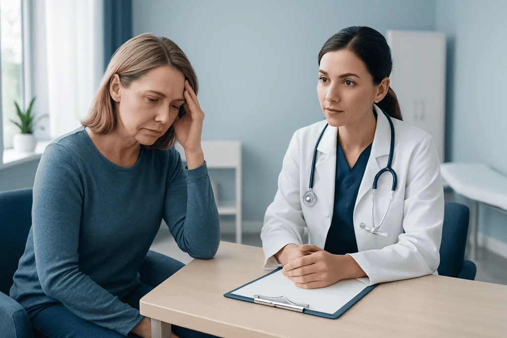Doctor consulting with a patient experiencing headache or stress.