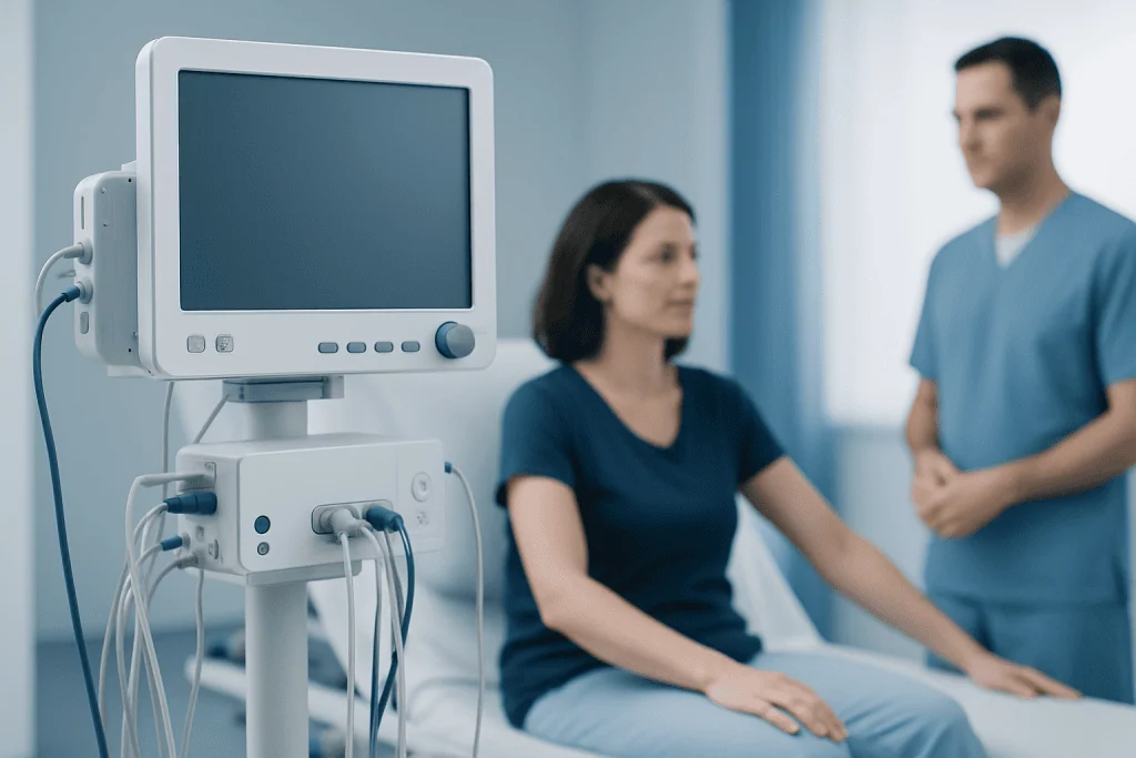 Medical consultation with patient and doctor in hospital room.