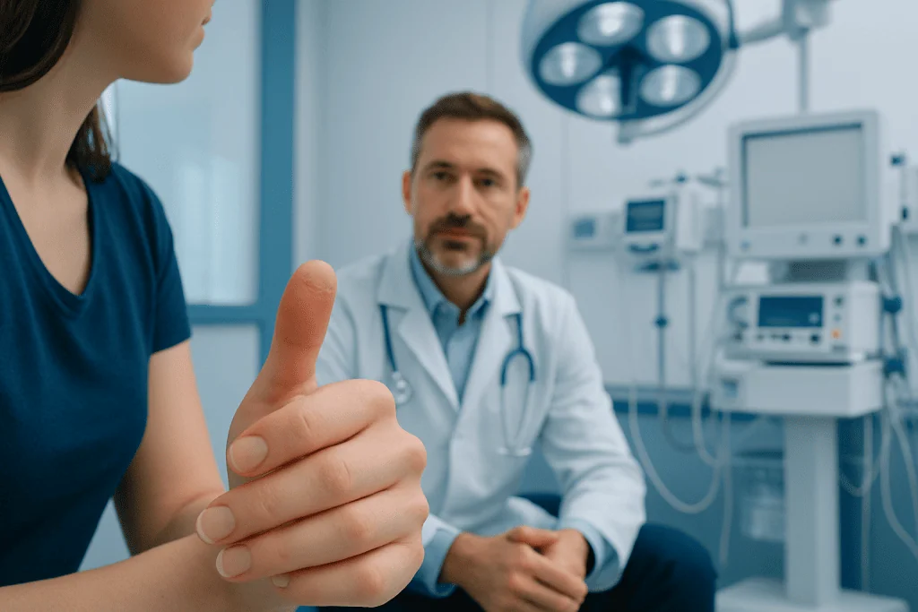 Doctor consulting with patient in a hospital setting.