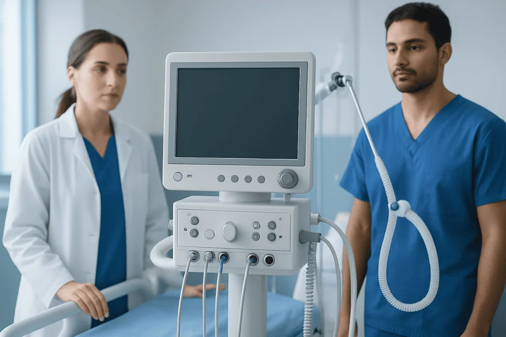 Medical professionals preparing a patient monitor in a hospital room.