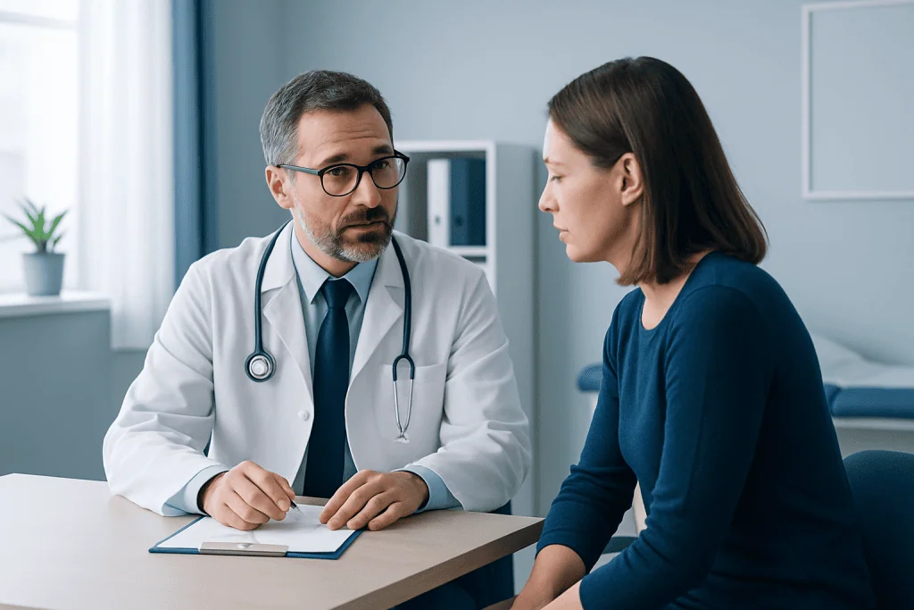 Hematologist consulting a patient in a medical office setting.