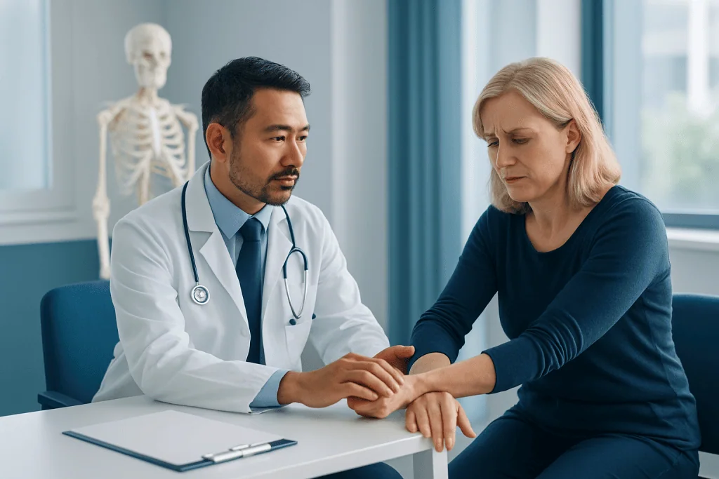 Doctor consulting with a female patient in a medical office with a skeleton model in the background.