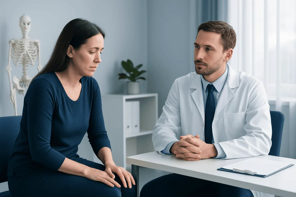 Orthopedic consultation with a doctor and patient in a medical office.