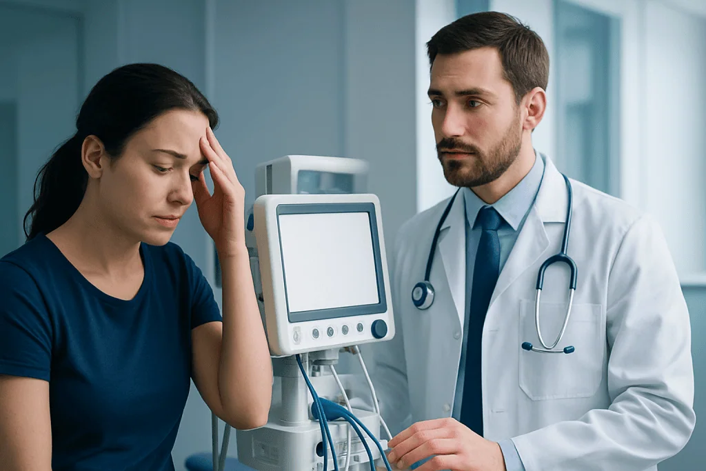 Patient experiencing headache during medical consultation at Acibadem Hospital.