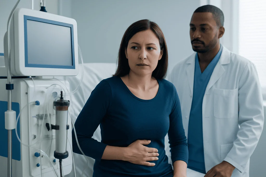 Patient experiencing abdominal pain during kidney infection treatment consultation.
