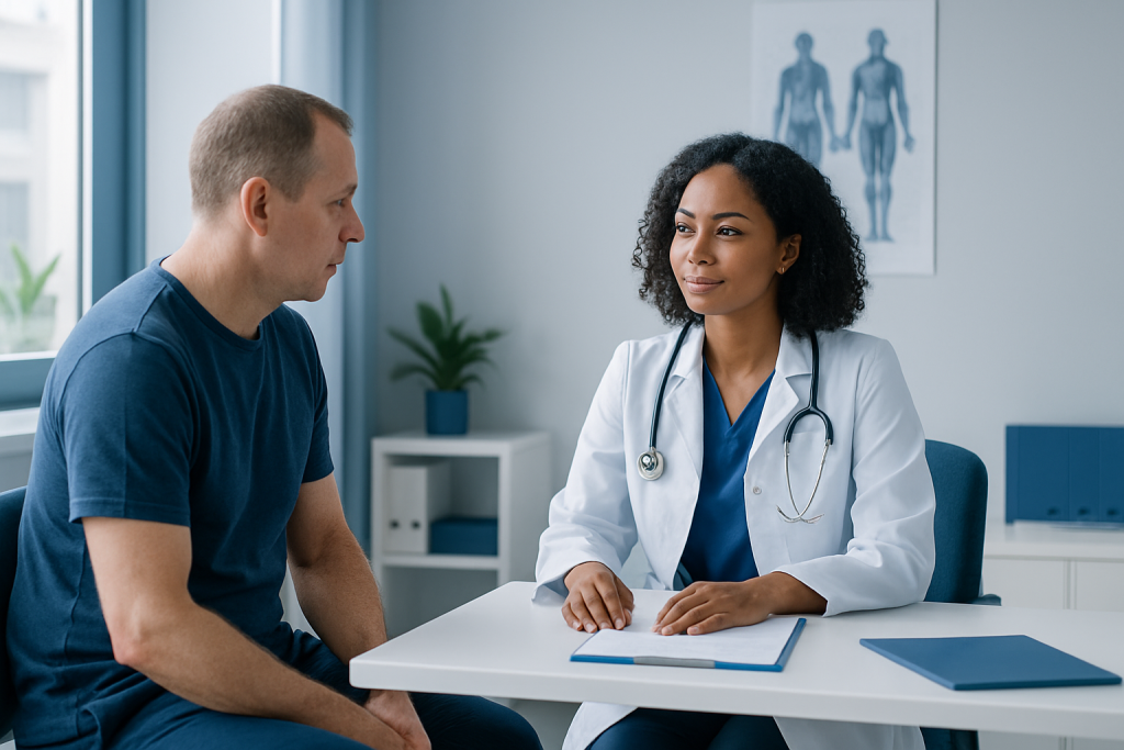 Doctor consulting with a patient in a medical office setting.