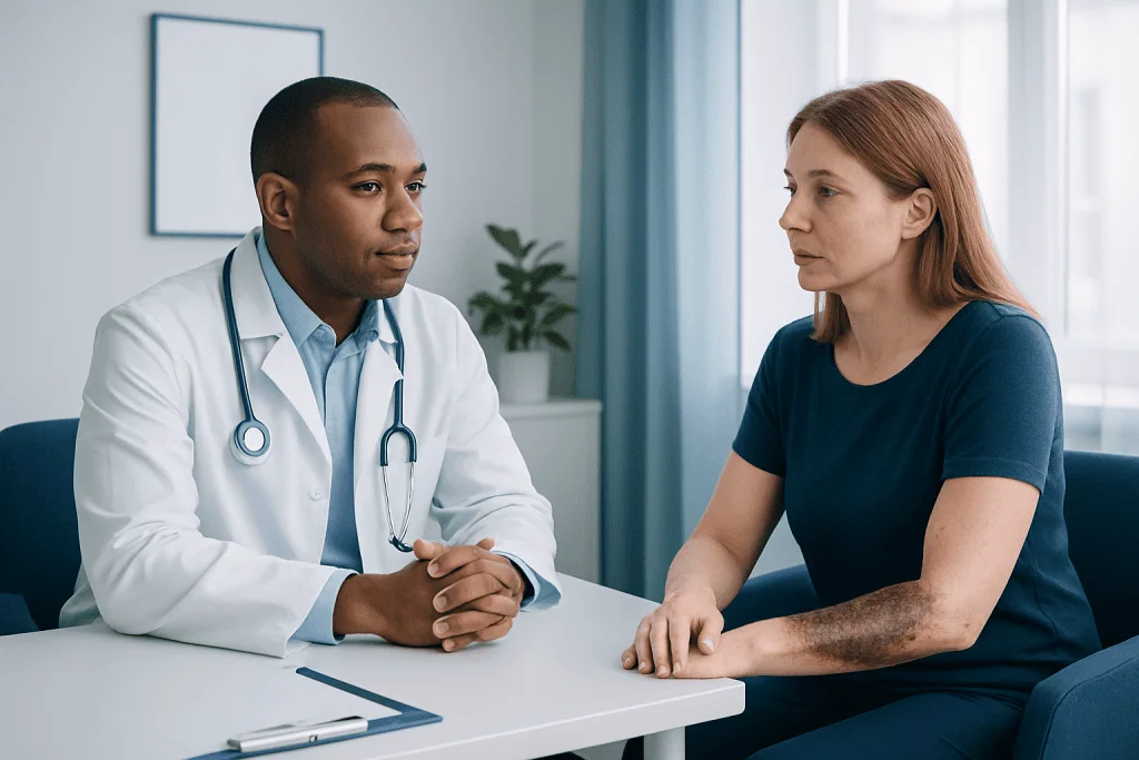 Doctor consulting with a female patient in a medical office.