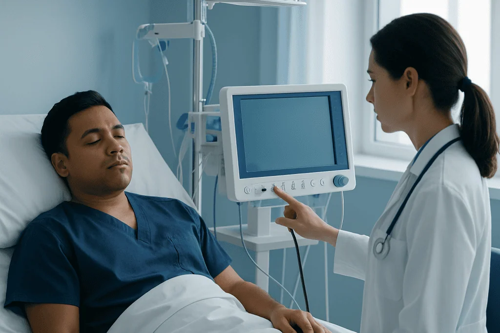 Doctor consulting patient in hospital room with medical monitor.