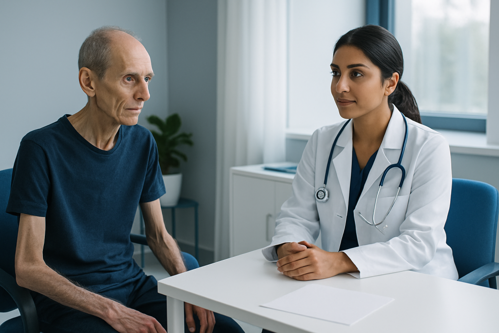 Doctor consulting with elderly patient in a medical office setting.