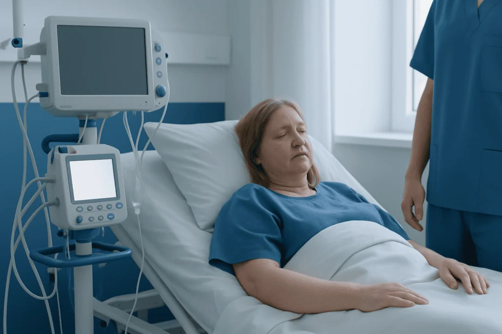 Patient in hospital bed connected to medical monitors.