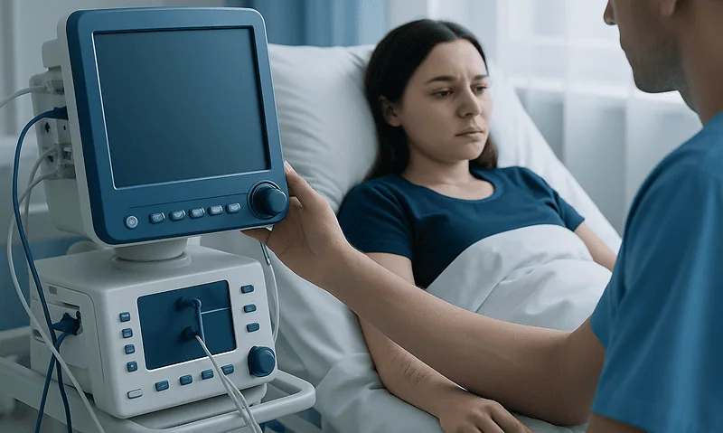 Patient in hospital bed undergoing medical examination with monitor.