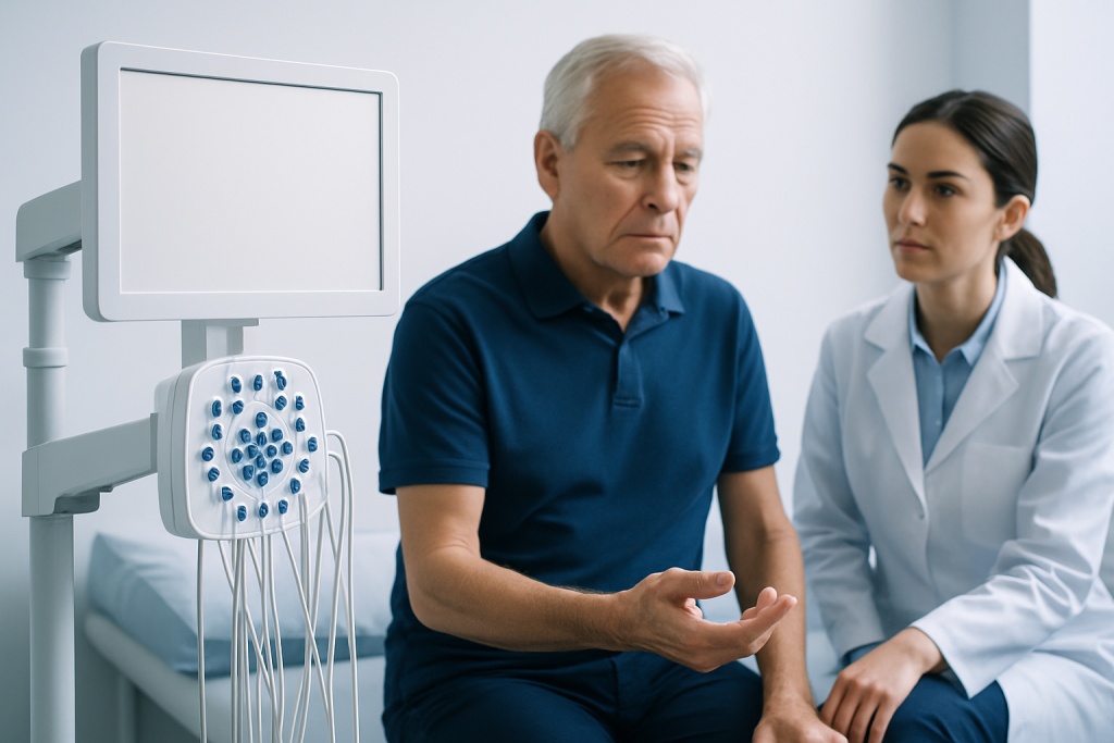 Doctor consulting an elderly patient about tremors in a clinical setting.