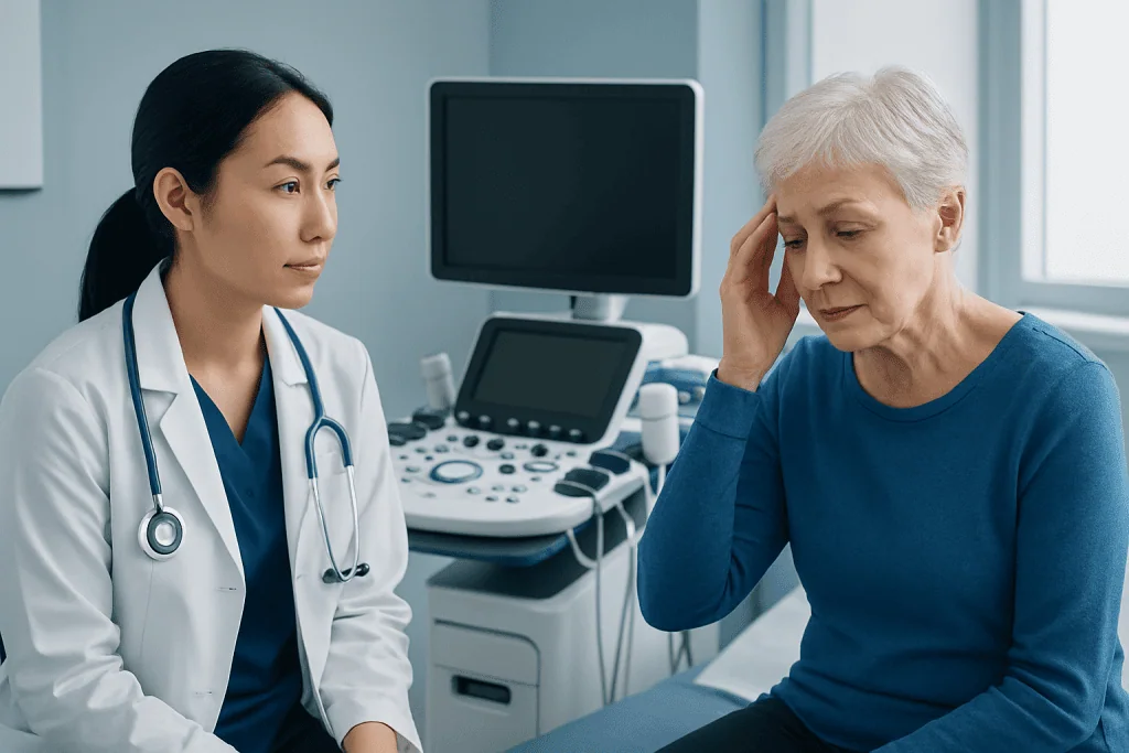 Doctor consulting elderly woman about cognitive health in a medical office.