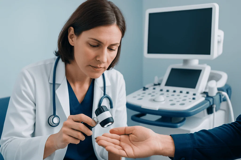 Doctor examining patient's finger in a medical clinic setting.