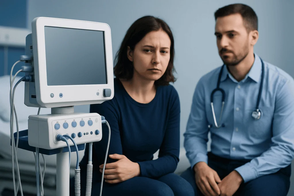 Patient in consultation with doctor in a medical examination room.
