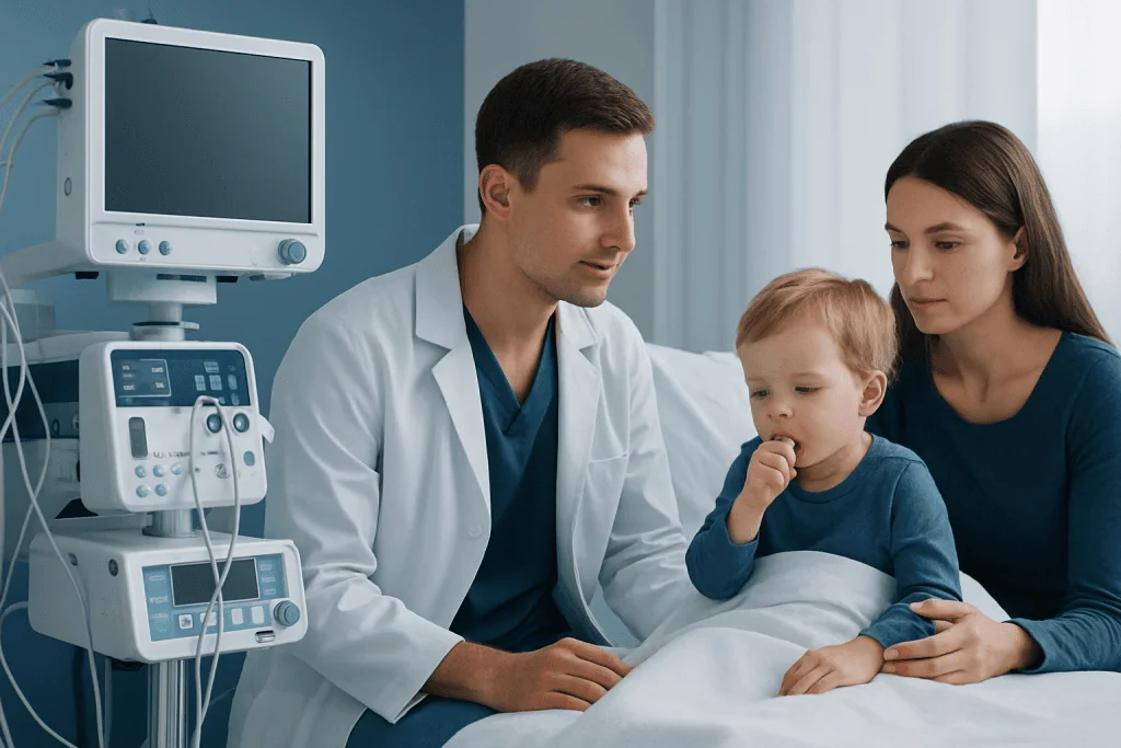 Doctor examining a young boy with mother in hospital room.