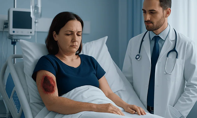 Patient with a severe burn injury on her arm in hospital bed with doctor.