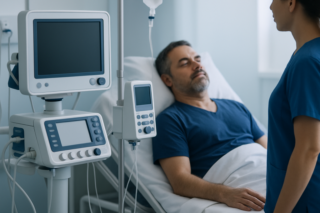 Hospital patient receiving medical care in a clinical setting.