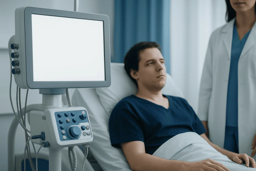 Hospital patient in a medical examination room with monitoring equipment.