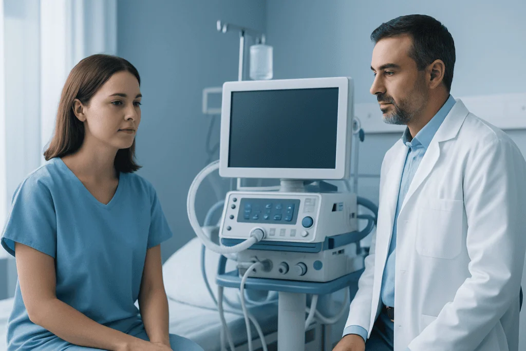 Doctor consulting patient in hospital room with medical equipment.