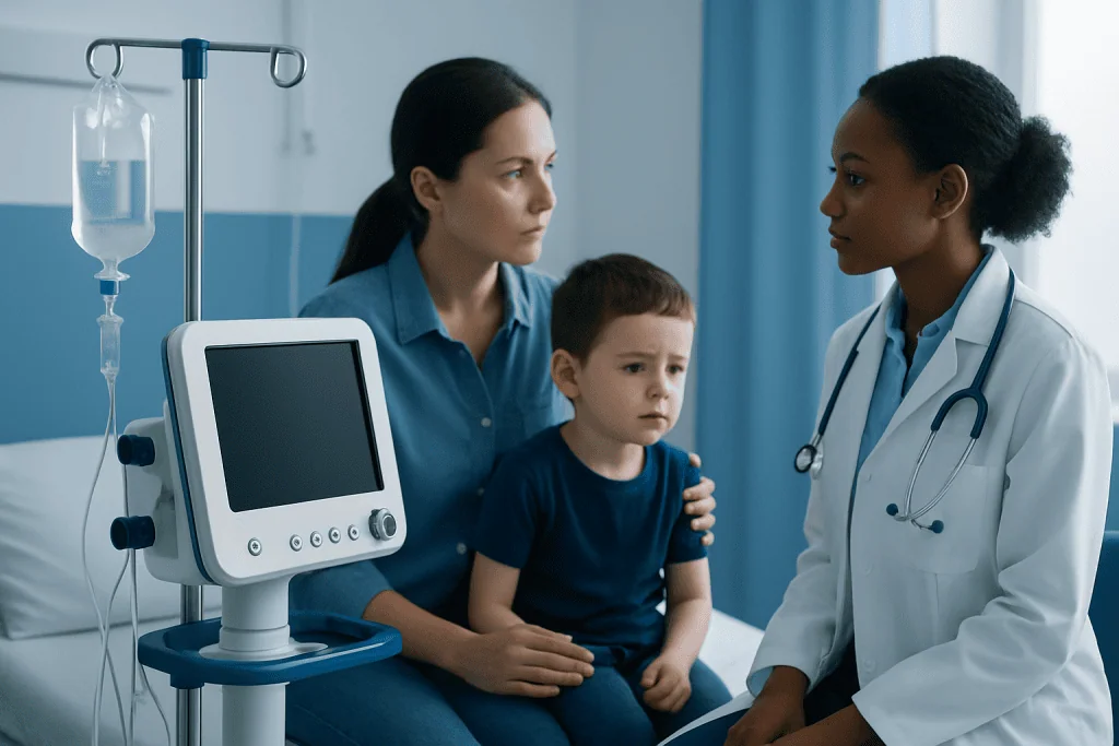 Doctor consulting with mother and young patient in hospital room.