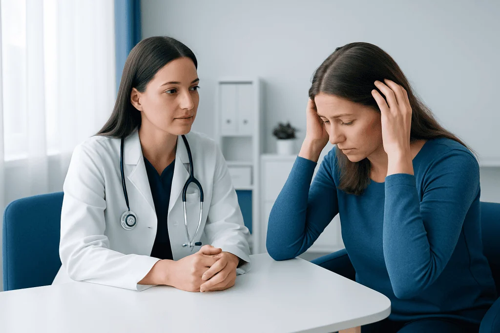 Doctor consulting with a woman about hair loss and iron deficiency.