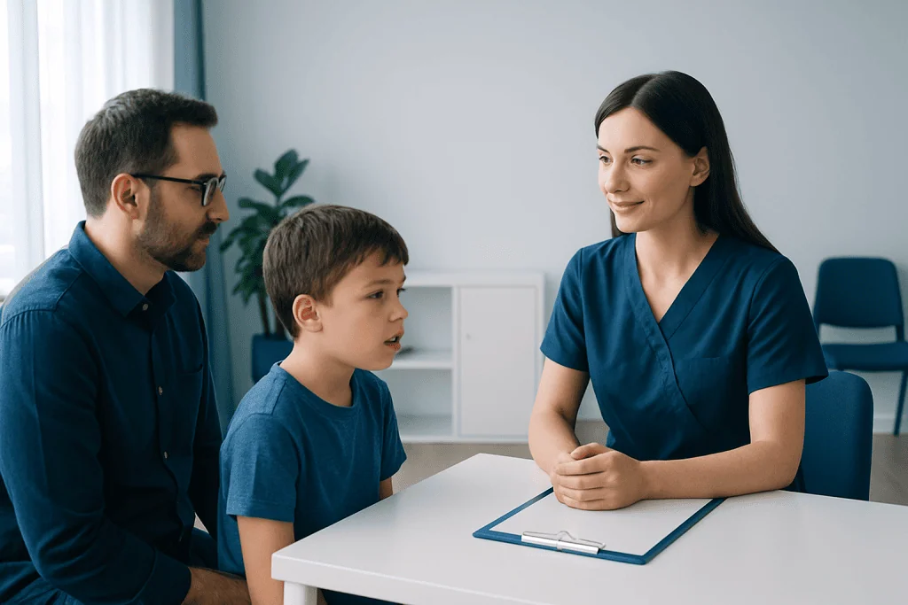 Speech therapist consulting with a young boy and his father in a clinical setting.