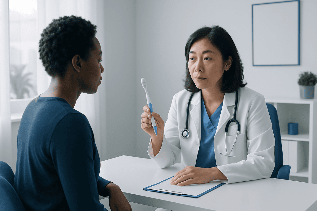 Doctor explaining dental health to patient in a clinic setting.