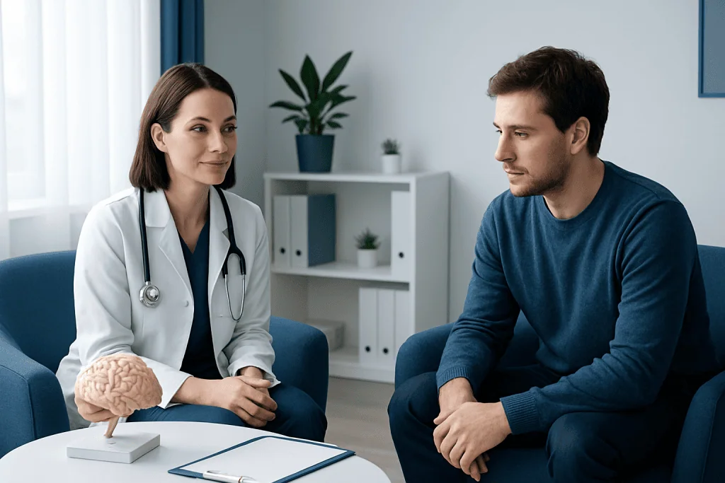 Neuropsychiatrist consulting with a patient in a modern clinic setting.