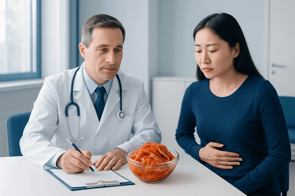 Doctor consulting with patient about stomach issues and kimchi consumption.