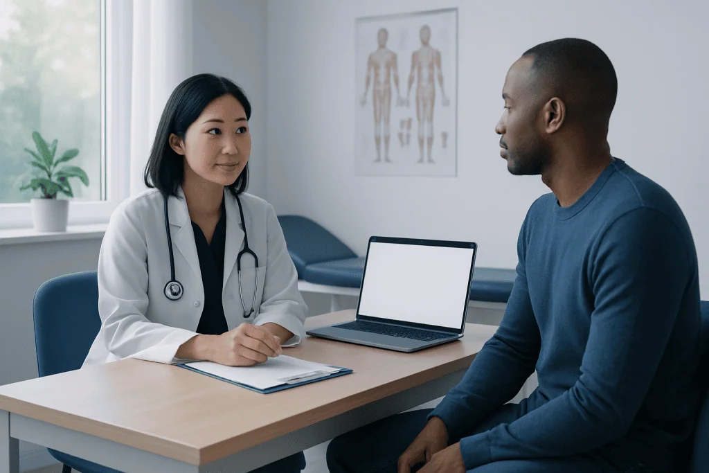 Doctor consulting with a patient in a modern medical office at Acibadem Hospitals.