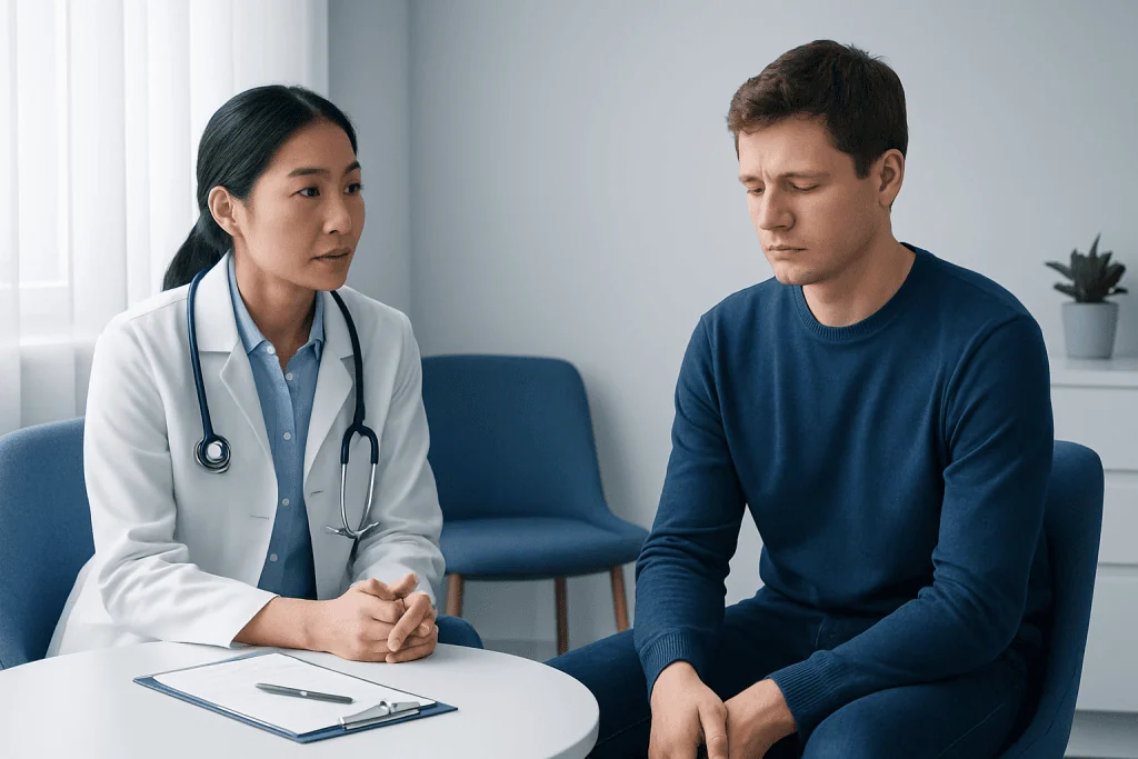 Doctor consulting with male patient in a medical office setting.