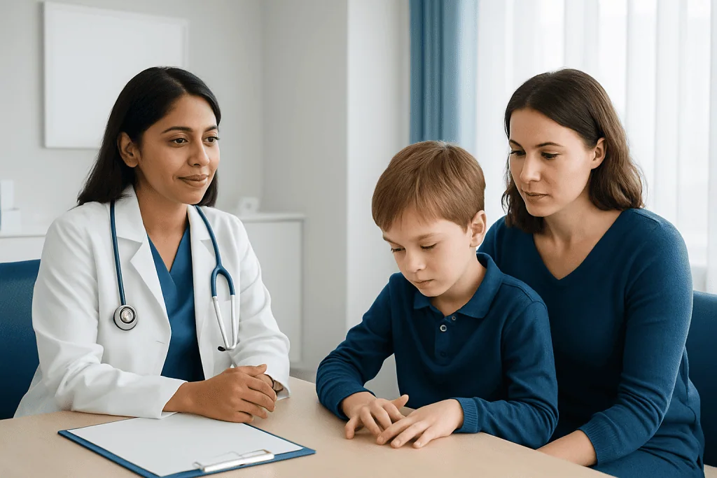 Doctor consulting with a young boy and his mother in a medical office.