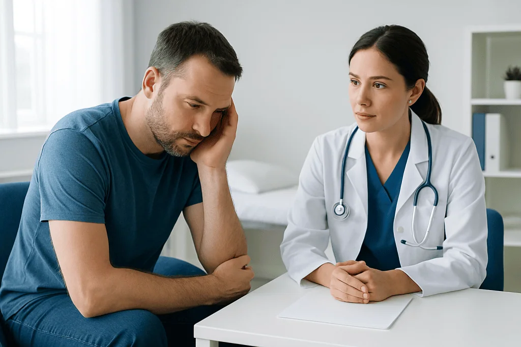 Doctor consulting with a male patient in a medical office setting.
