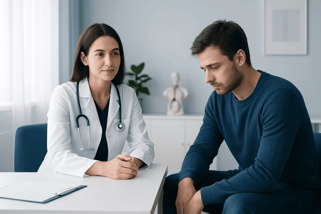 Doctor consulting with a male patient in a modern medical office.
